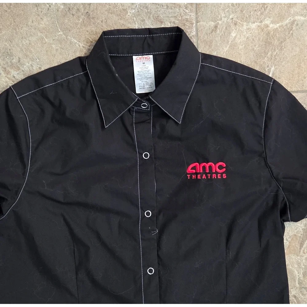 AMC Theatres Employee Uniform Shirt Black Short Sleeve Button Down Womens Medium - Picture 5 of 7